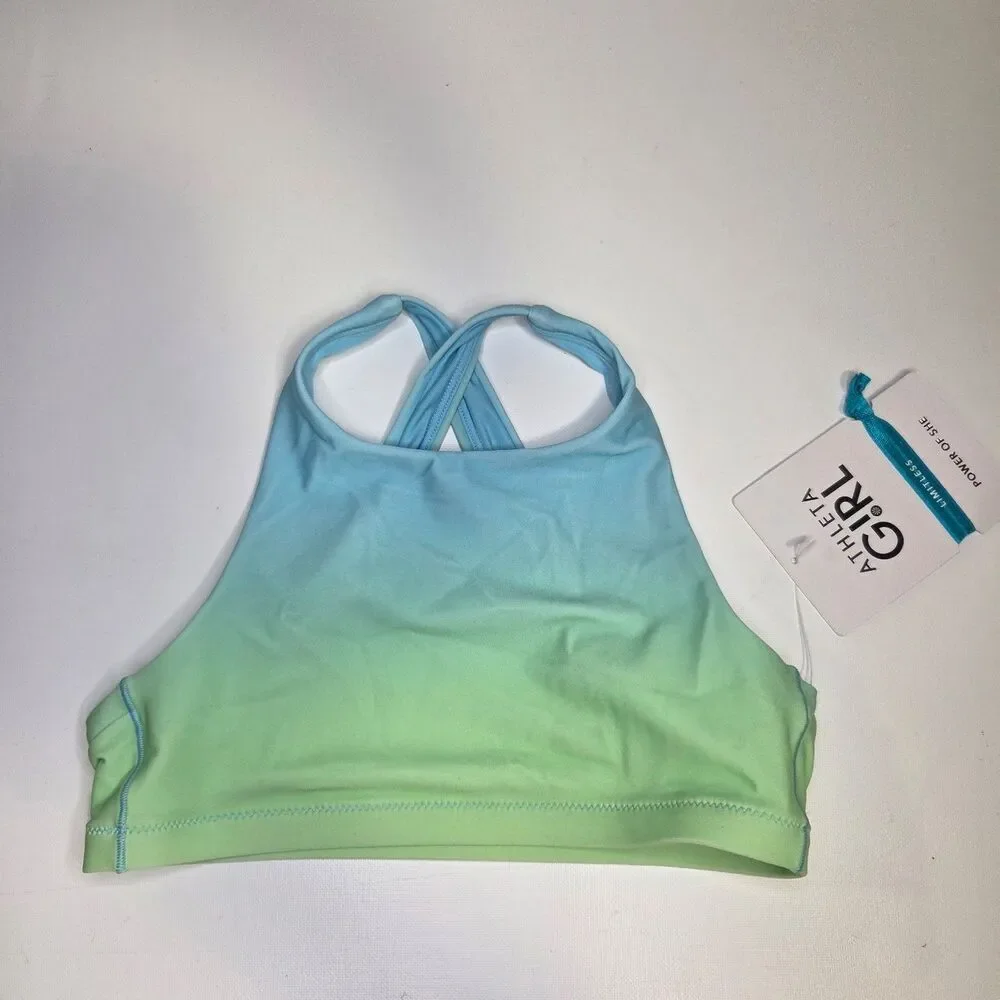 Athleta Girl High Neck Bikini Top Sports Bra NWT s 7 Small Hombre Blue Green